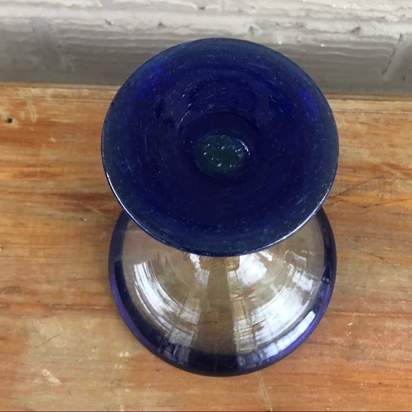 Set of 4 Mexican Mouth Blown Martini Glasses Light Green with Blue Rim & Base - Picture 16 of 16